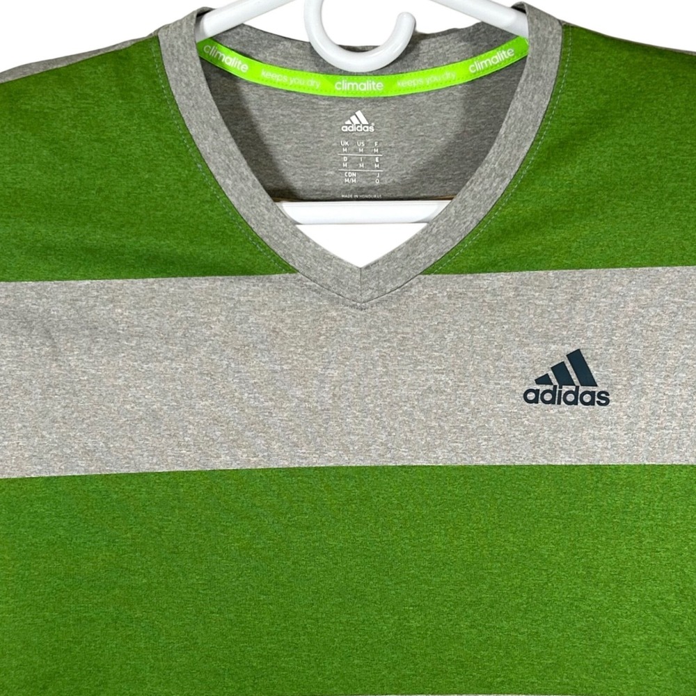 Adidas Climalite Mens V-Neck Striped Performance T-Shirt‎ Green Grey Medium